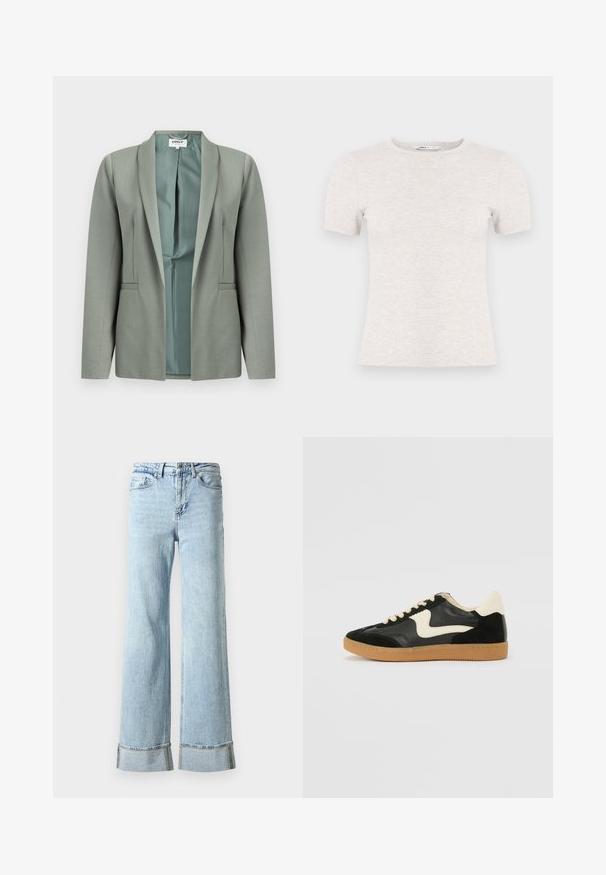 Veste blazer gris clair à ouverture frontale, manches longues, col châle, doublure intérieure lisse visible, présentée sur un fond blanc.; T-shirt gris clair à manches courtes en tissu côtelé avec un col rond. Design simple, texture lisse, sans motifs ni accents visibles.; Jeans en denim bleu clair avec des jambes larges, des ourlets effilochés et des détails décoratifs en rhinestones aux poignets. Design standard à cinq poches.; Baskets en daim et cuir noir avec un swoosh latéral crème et un talon crème clair. Dotées de lacets beige et d'une semelle en caoutchouc gomme.
