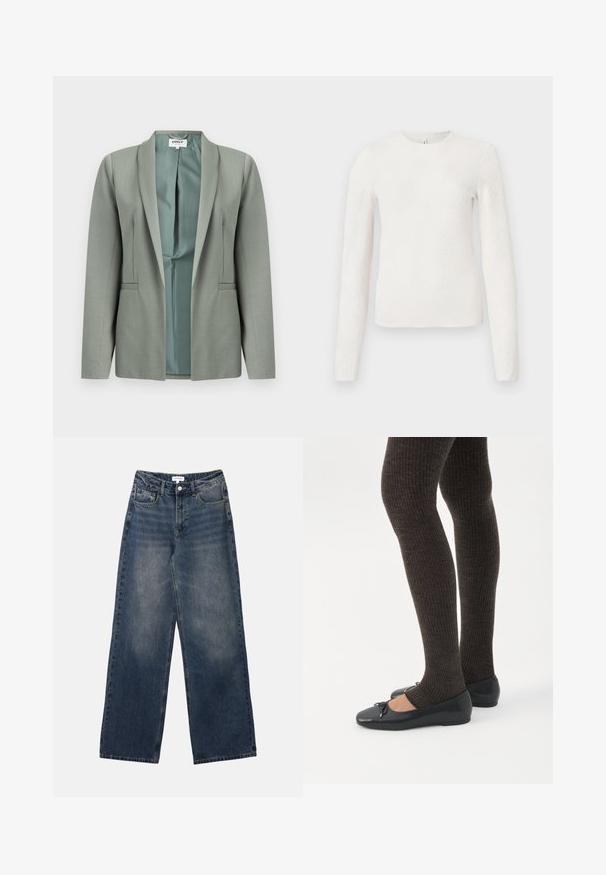 Veste blazer gris clair à ouverture frontale, manches longues, col châle, doublure intérieure lisse visible, présentée sur un fond blanc.; Haut blanc à manches longues avec un motif floral en relief, encolure ronde et silhouette ajustée. Texture lisse sans éléments métalliques visibles.; Jeans en denim bleu taille haute pour hommes, avec jambes larges, bouton et fermeture éclair à l'avant, ainsi que poches avant et arrière.; Jambes portant des leggings côtelés foncés associés à des ballerines noires avec de petits détails en nœud sur fond blanc.
