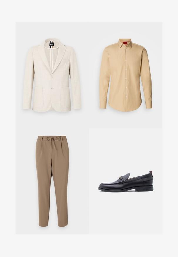 Lyse beige blazer lavet af tekstureret stof, med slagkrave, to-knap lukning og to forlommer. Designermærke synligt indeni.; Beige skjorte med knapper lavet af glat stof, med klassisk krave, lange ærmer og subtil tekstur med hvide knapper.; Beige tapered bukser med snor i taljen, sidelommer og en glat tekstur. Ingen synlige mønstre eller yderligere accenter.; Sort lædermokasin med grå tekstureret forfod, sølvfarvet metalspænde, lav hæl og trækflap bagpå.