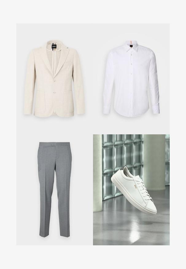Lyse beige blazer lavet af tekstureret stof, med slagkrave, to-knap lukning og to forlommer. Designermærke synligt indeni.; Hvid langærmet skjorte med knaplukning lavet af bomuld, med en klassisk krave, subtilt logo nær brystet og hvide knapper.; Grå skræddersyede bukser lavet af tekstureret stof, med glat front, bæltesløjfer og to sidelommer. Lige ben design.; Hvid læder lav-top sneaker med snørebånd, sort hælflig og "BOSS"-logo, svævende indendørs nær glasblok væg og poleret gulv.