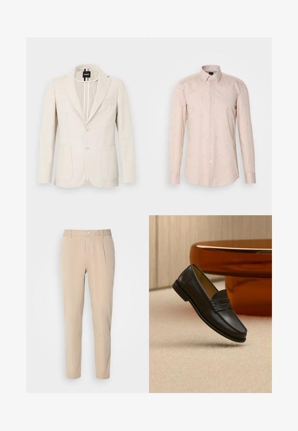 Hellbeige Blazer aus strukturiertem Stoff mit Reverskragen, zwei-Knopf-Verschluss und zwei Fronttaschen. Designeretikett innen sichtbar.; Helles rosa Langarmhemd mit einem Button-Down-Kragen, subtilen Streifenmustern und gestickten runden Motiven.; Beige Hosen mit schmaler Passform, aus gewebtem Material. Sie verfügen über einen einzelnen Knopfverschluss, eine gefalte Vorderseite und gerade Beine.; Schwarzer Leder-Loafer, der über einem hellbeigen Teppich schwebt, mit bernsteinfarbenen modernen Möbeln im Hintergrund.