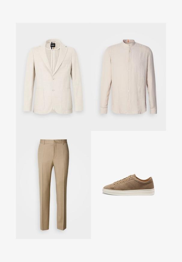 Vaalean beige bleiseri, joka on valmistettu teksturoidusta kankaasta. Siinä on hapsulapeli, kaksi nappia ja kaksi etutaskua. Suunnittelijan etiketti näkyvissä sisäpuolella.; Vaaleanbeige pellavapaita pitkillä hihoilla, jossa on kauluspanta, edessä nappisuljenta ja hienovarainen tekstuuri. Kaulan ympäri oranssi yksityiskohta.; Beiget räätälöidyt housut tekstuurillisesta kankaasta, litteä edusta ja suorat lahkeet. Varustettu sivutaskuilla ja vyölenkeillä, tarjoten huolitellun ilmeen.; Matala beige mokkanahkainen tennari, jossa nauhakiinnitys edessä ja valkoinen kumipohja, sivukuva, vähän ompeleita ja kohokuvioitu brändilogot.