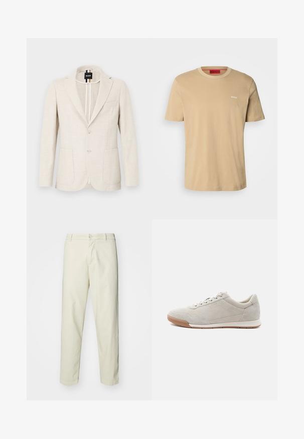 Hellbeige Blazer aus strukturiertem Stoff mit Reverskragen, zwei-Knopf-Verschluss und zwei Fronttaschen. Designeretikett innen sichtbar.; Beige Baumwoll-T-Shirt mit Rundhalsausschnitt, kurzen Ärmeln und einem kleinen weißen "HUGO"-Logo auf der Brust. Glatte Textur ohne Muster.; Hellbeige Baumwollhosen mit geradem Bein, ausgestattet mit einem vorderen Knopfverschluss und normalen Taschen, glatter Textur und ohne Muster.; Hellbeiger Wildleder-Sneaker mit weißen Schnürsenkeln, Kautschuksohle und dezenten Nahtdetails, von der linken Seite auf weißem Hintergrund gezeigt.