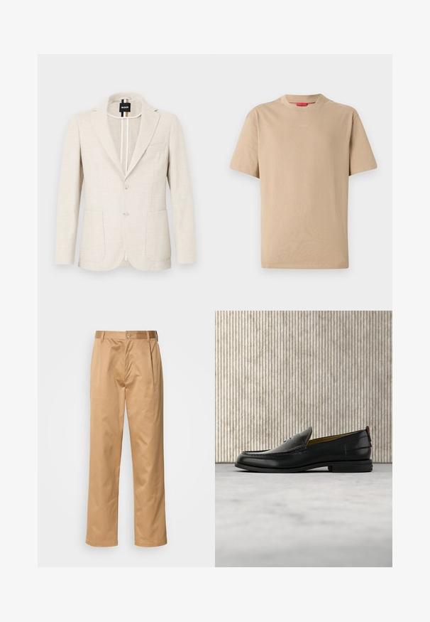 Lyse beige blazer lavet af tekstureret stof, med slagkrave, to-knap lukning og to forlommer. Designermærke synligt indeni.; Beige bomulds T-shirt med korte ærmer, rund halsudskæring og subtilt "HUGO" logo i midten. Glat overflade, afslappet pasform.; Khaki bukser, blanding af bomuld, lige ben-design, frontfald, bæltesløjfer og knaplukning. Glat tekstur uden mønstre.; Sort læder herreloafer med krokodillepræget forstykke og lav hæl, vist i profil på en neutral baggrund.