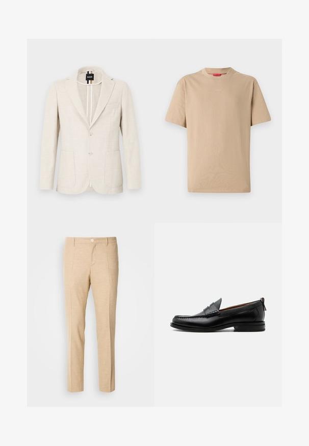 Lyse beige blazer lavet af tekstureret stof, med slagkrave, to-knap lukning og to forlommer. Designermærke synligt indeni.; Beige bomulds T-shirt med korte ærmer, rund halsudskæring og subtilt "HUGO" logo i midten. Glat overflade, afslappet pasform.; Beige skræddersyede bukser med en struktureret stof, lige ben-design, frontklapper og en enkelt knaplukning i taljen.; Sort læder herre loafer med moc-tå syning, penny strop, struktureret krave og lav stablet hæl på hvid baggrund.