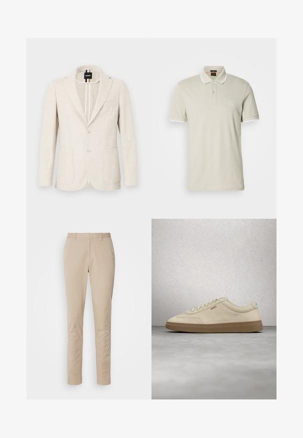 Hellbeige Blazer aus strukturiertem Stoff mit Reverskragen, zwei-Knopf-Verschluss und zwei Fronttaschen. Designeretikett innen sichtbar.; Hellbeiges Poloshirt aus Baumwolle. Verfügt über einen klassischen Kragen, eine Zweiknopfleiste und kontrastierende weiße Manschetten. Mit einem Logo-Patch versehen.; Beige Baumwollhose mit geradem Beinschnitt, ausgestattet mit einem Reißverschluss, seitlichen Taschen und dezenten Steppnähten. Glatte Textur.; Hellbeiger Wildledersneaker mit Gummisohle, auffälligen Schnürsenkeln und dezenten Nahtdetails. Sauberes Design mit minimalistischem Ästhetik.