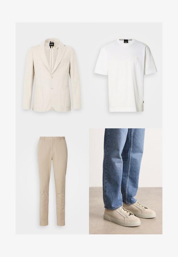 Lyse beige blazer lavet af tekstureret stof, med slagkrave, to-knap lukning og to forlommer. Designermærke synligt indeni.; Hvid bomuld T-shirt med rund halsudskæring, korte ærmer og lille logo på brystet. Lige afskåret nederste kant.; Beige bomuldsbukser med lige ben, der har lynlåsgylpter, sidelommer og diskrete syninger. Glat tekstur.; BOSS GARYTENN_SDHDEL - Sneakers - natural ten