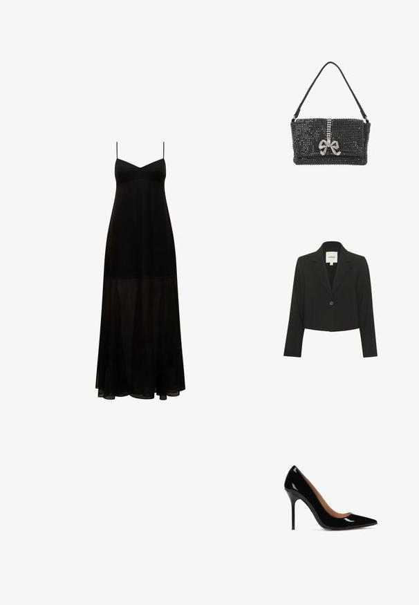 Sort cropped blazer lavet af glat stof, med lange ærmer, en spids krave og en enkelt knaplukning foran.; Sort maxikjole med tynde stropper, V-udskæring og et flydende, gennemsigtigt overlay. Har en tætsiddende liv og en afslappet silhuet.; Sorte patenterede læderpumps med høj hæl, spids tå og slank silhuet. Har en stilettolohæl og en glat inderside.; Sort aftentaske dækket med små rhinsten med en juvelprydet sløjfe og rektangulære sten på frontklappen samt en enkelt rem.