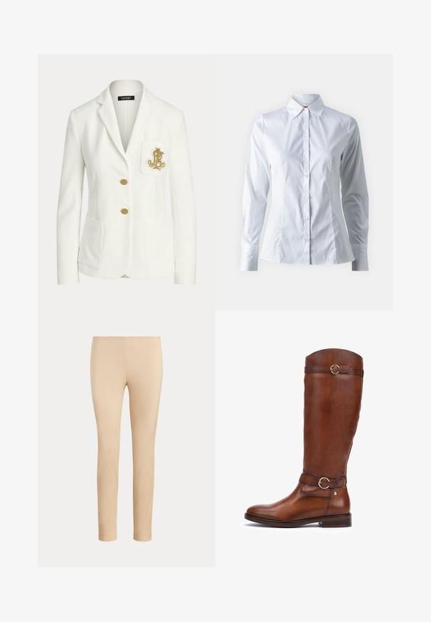 Weißer, maßgeschneiderter Blazer mit gekerbtem Revers, zwei goldenen Knöpfen, aufgesetzten Vordertaschen und einem auf der Brusttasche aufgestickten goldenen Emblem.; Weißes Hemd mit langen Ärmeln, Punktkragen, taillierter Passform, glattem Baumwollstoff und Knopfverschluss vorne.; Beige, figurbetonte, knöchellange Hose mit glatter Oberfläche und ohne sichtbare Taschen oder Verzierungen auf einfarbigem Hintergrund.; Knöchelhöhe braune Lederstiefel mit glatter Oberfläche, abgerundeter Zehenpartie, dekorativem Riegel mit einer runden Schnalle und niedrigem gestapeltem Absatz.