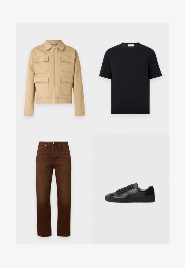 Veste courte beige en tissu solide, dotée d'un col, d'une fermeture éclair avant et de quatre grandes poches à rabat.; T-shirt noir à manches courtes avec col rond, ourlet et poignets côtelés, design uni, présenté sur un fond blanc.; Jean marron droit en denim avec poches avant et fermeture par bouton métal sur un fond clair uni.; Baskets en cuir noir avec une texture lisse, bout rond et fermeture à lacets. Comprend une semelle en caoutchouc épaisse et un minimum de détails de marque.