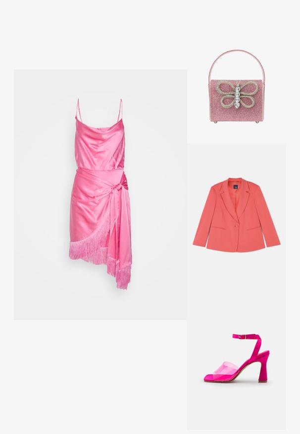Koraal gekleed blazer met een enkele knoopsluiting, notch-revers, twee voorzakken en een gladde, textuurstof. Standaard pasvorm.; Cinq à Sept OCTAVIA DRESS - Cocktailjurk - flamingo; Roze haksandalen met een doorzichtige plastic band, open teenontwerp en een slanke blokhak, voorzien van een gesp-ankersband.; Roze sprankelende handtas met een opvallend vlinderontwerp en strassteentjes, rechthoekige vorm en een platte handvat.