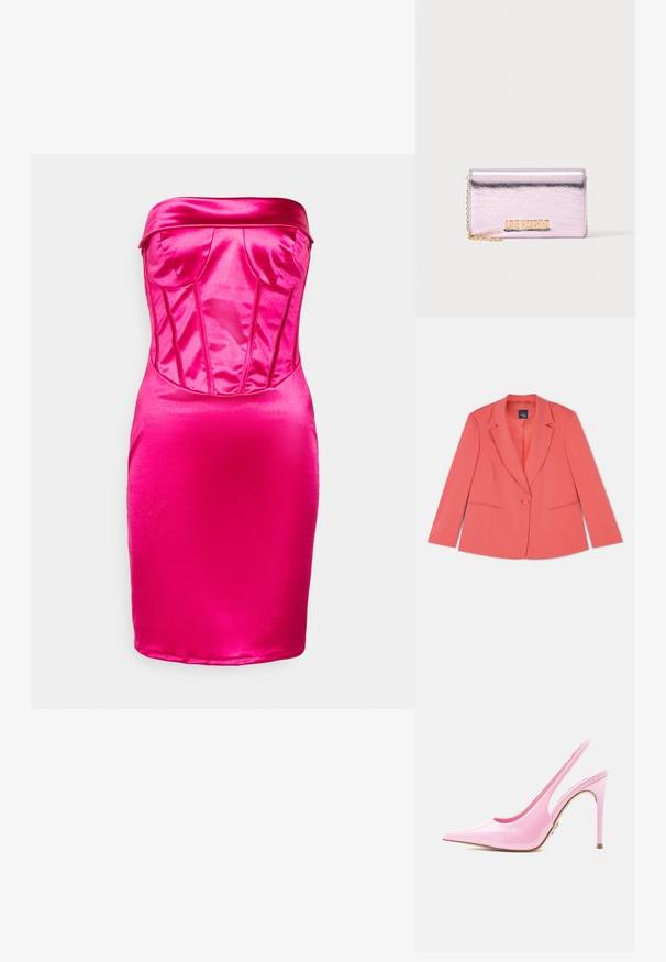 Koral skræddersyet blazer med en enkelt knaplukning, stikklapper, to for- lommer og et glat tekstureret stof. Standard pasform.; WAL G. MILLA CORSET - Cocktailkjole / festkjole - fuchsia; Glansfuld lyserød slingback sko med høj hæl, spids tå og tynd stiletthæl på hvid baggrund.; Metalisk lyserød Love Moschino clutch taske med guldkæde og guldbogstav foran.