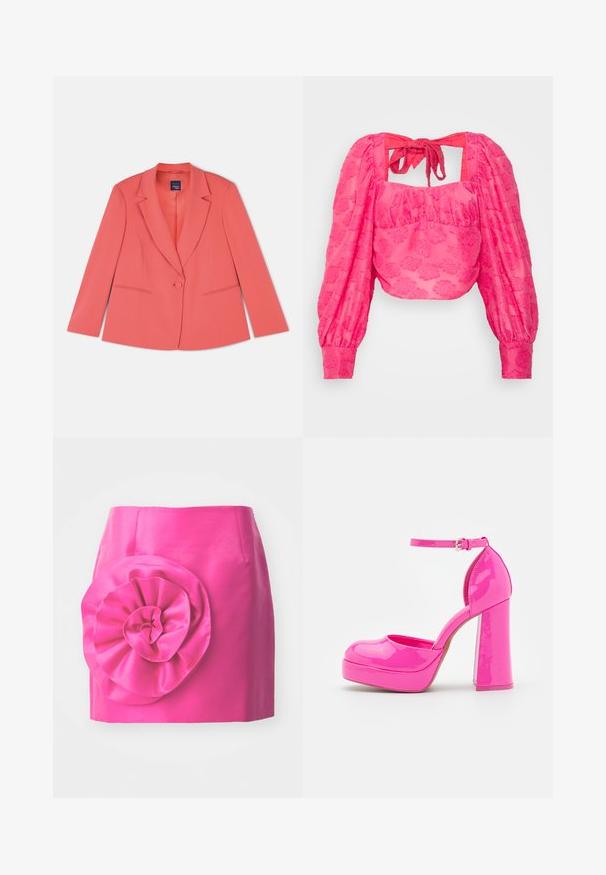 Koral skræddersyet blazer med en enkelt knaplukning, stikklapper, to for- lommer og et glat tekstureret stof. Standard pasform.; Hofmann Copenhagen LAURA - Bluse - hot pink; Lyserød satinskirt med en tætsiddende pasform og en stor, struktureret blomst i venstre side. Glat overflade med en blank finish.; Call it Spring ANABELLE - Plateaupumps - dark pink