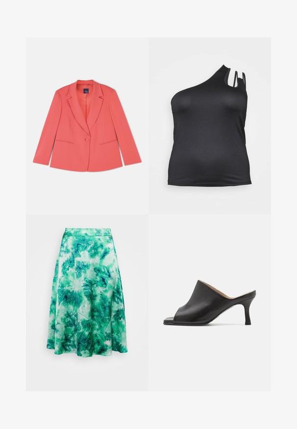 Korallenfarbener maßgeschneiderter Blazer mit einem einreißigen Knopfverschluss, Reverskragen, zwei Vordertaschen und einem weich strukturierten Stoff. Standardpassform.; ONLY Curve ONCTHEA ONE SHOULDER - Top - black; Object Curve OBJSUMAI CELESTE SKIRT - A-Linien-Rock - fern green; Selected ASHLEY - Pantolette hoch - black