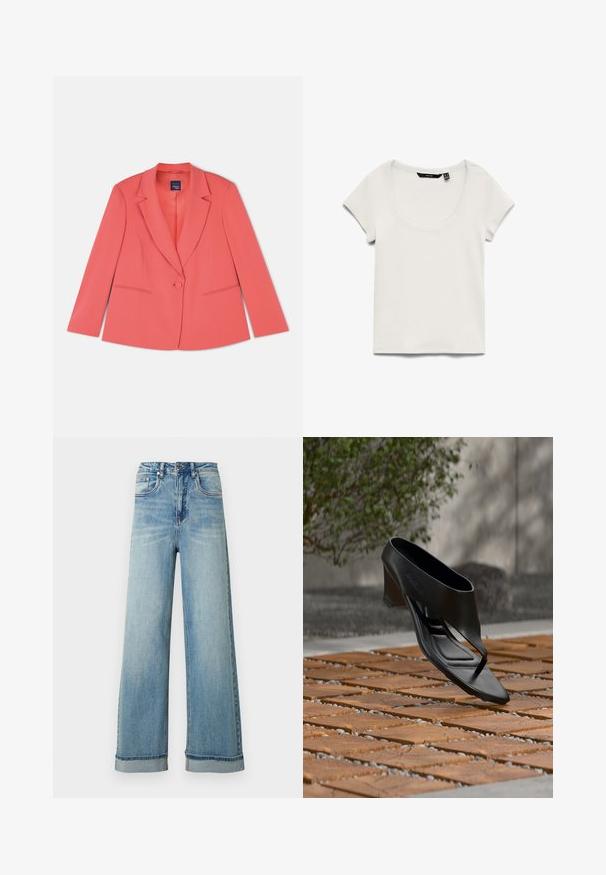Koral skræddersyet blazer med en enkelt knaplukning, stikklapper, to for- lommer og et glat tekstureret stof. Standard pasform.; Hvid kortærmet ribstrikket top med rund halsudskæring, synligt sort mærke indeni kraven, lagt fladt på hvid baggrund.; Lyseblå vidbenede jeans i denim med høj talje, udstyret med fem lommer, lynlås og opsmøgede kanter. Stoffet har en let slidt tekstur.; Sort højhælet sandal med thongsrem, svævende over et mønstret træ- og grusbelagt udendørsareal med sløret grønt område og væg i baggrunden.