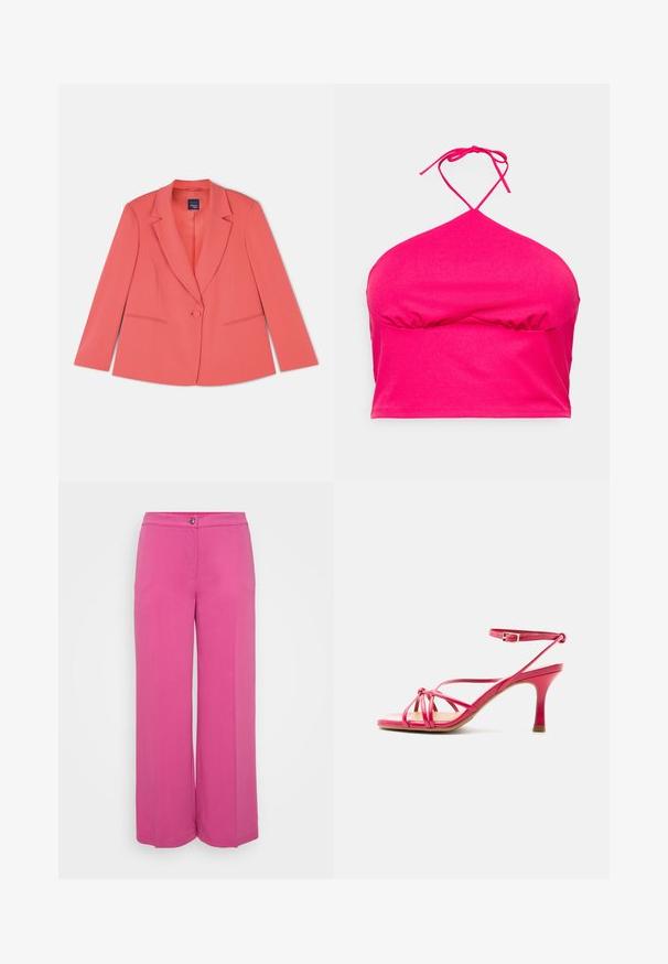 Korallenfarbener maßgeschneiderter Blazer mit einem einreißigen Knopfverschluss, Reverskragen, zwei Vordertaschen und einem weich strukturierten Stoff. Standardpassform.; Even&Odd Curvy Top - pink; Hoch taillierte, weit geschnittene Hosen aus leuchtend pinkem Stoff. Mit einem vorderen Knopfverschluss und zwei Seitentaschen für Funktionalität.; Pinkfarbene Riemchen-Sandalette mit offenem Zehenbereich, dünnem Knöchelriemen mit Schnalle und kleinem Absatz auf einfarbig weißem Hintergrund.