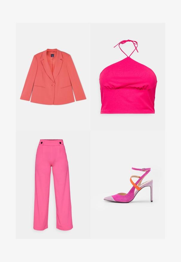 Koraal gekleed blazer met een enkele knoopsluiting, notch-revers, twee voorzakken en een gladde, textuurstof. Standaard pasvorm.; Even&Odd Curvy by Zalando Top - pink; Felroze wijdere broeken met een gladde textuur, voorzien van een platte tailleband en twee zwarte knopen aan de voorkant.; Roze suède hoge hak schoen met een spitse neus, voorzien van een lila teenkap en een oranje enkelband. Stiletto hak ontwerp.