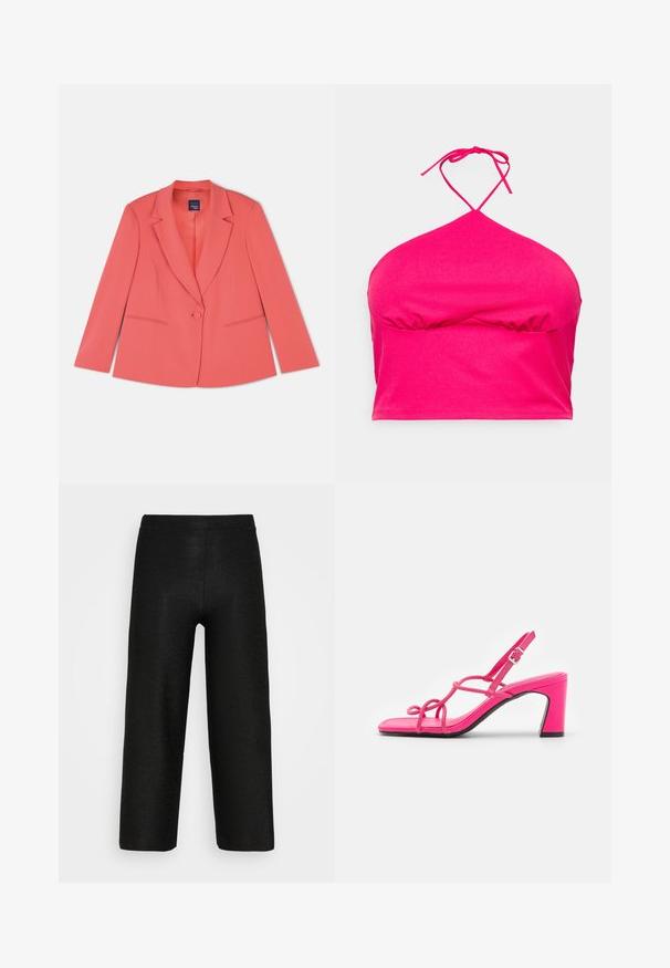 Blazer entallado de color coral con un cierre de un solo botón, solapas con muesca, dos bolsillos frontales y una tela de textura suave. Corte estándar.; Even&Odd Curvy by Zalando Top - pink; Pantalones negros de pierna ancha hechos de una tela texturizada. Presentan una cintura alta y un diseño limpio y minimalista sin adornos.; Marks & Spencer CERISE STRAPPY - Sandalias - cerise