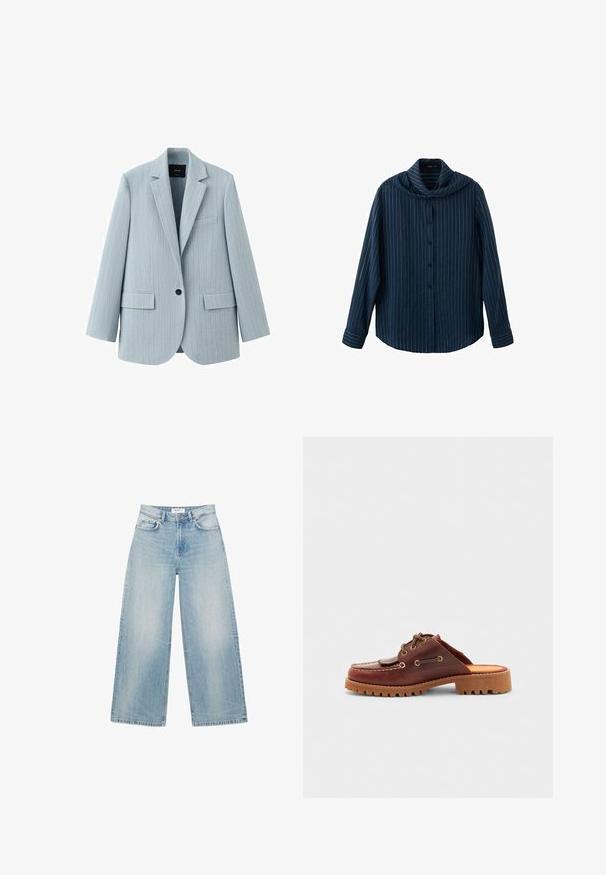 Blazer gris clair à fines rayures avec col cranté, fermeture à un bouton noir, poches à rabat et une poche poitrine passepoilée.; Chemise bleu marine à manches longues avec des rayures verticales blanches fines et un col large drapé.; Jean en denim bleu clair à coupe large, taille haute, fermeture à bouton et fermeture éclair à l'avant, avec un design à cinq poches.; Chaussure en cuir marron à enfiler au style mocassin, avec des lacets décoratifs, des œillets dorés et une semelle en caoutchouc texturé.