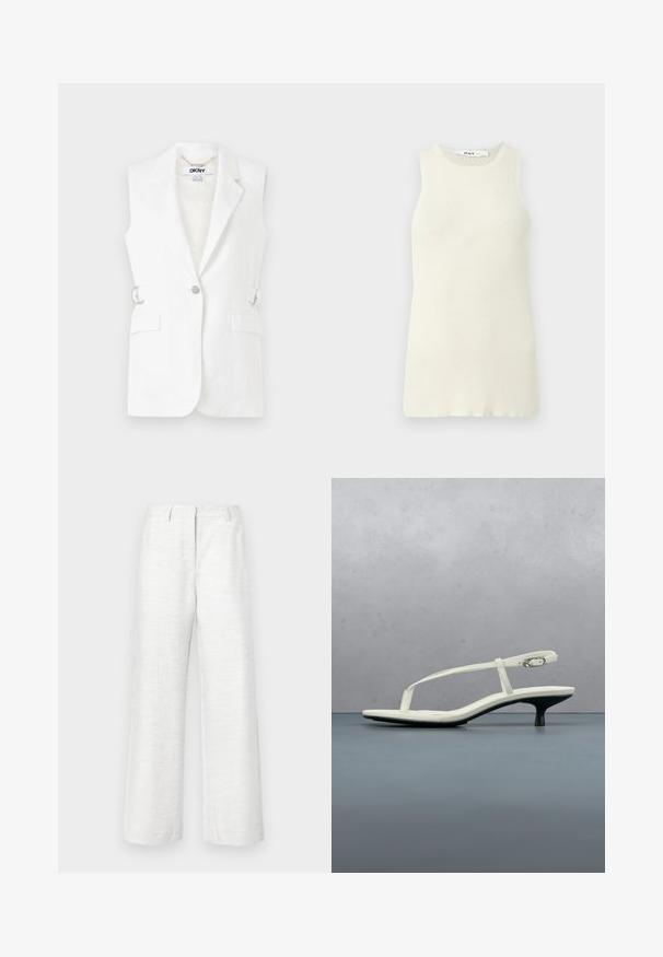 Weißer ärmelloser Blazer mit einer einzigen Knopfverschluss, zwei vorderen Taschen und silbernen Hardware-Akzenten an der Seite. Glattes, leichtes Gewebe.; Ärmelloses cremefarbenes Tanktop aus geripptem Stoff, mit rundem Halsausschnitt und enger Passform. Keine sichtbaren Muster oder Akzente.; Weit geschnittene Hosen aus leichtem weißen Leinen mit einer dezenten strukturierten Oberfläche, ausgestattet mit einer Vorderfalte und einem Standardbund.; Weiße Riemchenpantolette mit kitten heel und spitz zulaufender Zehenpartie, schwebt über einem Holzkachelboden im Freien mit verschwommenem Pflanzen- und Wandhintergrund.