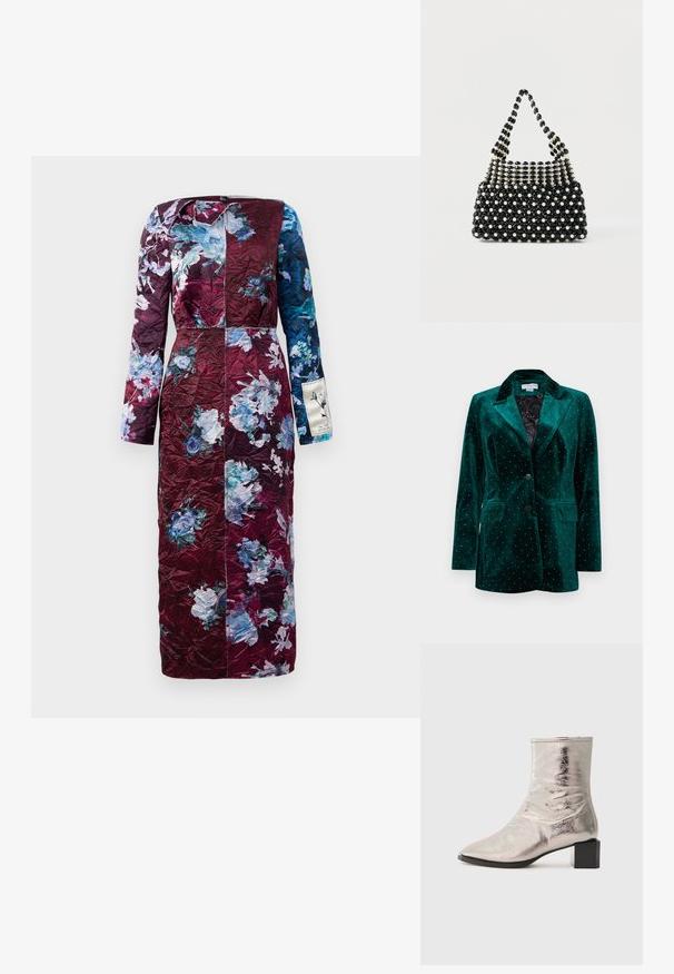 Blazer en velours vert avec col cranté, fermeture à deux boutons et poches frontales. Présente des clous métalliques dans un motif de points sur la surface.; Robe à manches longues avec motif floral en bourgogne et bleu. Matériau texturé, coupe droite et léger éclat. Présente un accent de label sur le côté.; Bottine argent métallique avec un bout pointu et un talon bloc. Texture lisse, design épuré et détails de couture minimalistes.; Sac à main en perles noires et blanches avec une anse courte, présentant un motif en damier alternant des perles semblables à des perles et des perles noires facettées.