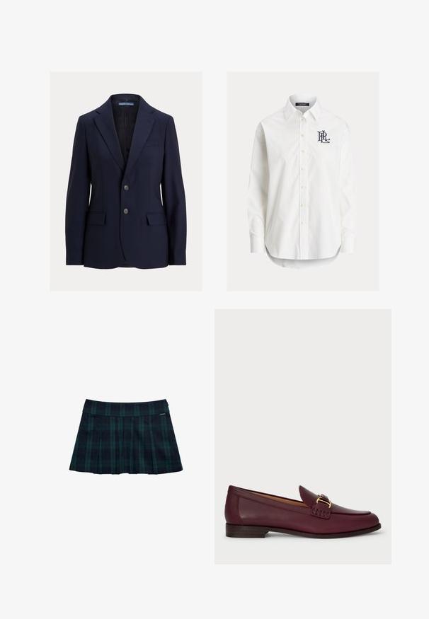 Marineblauwe herenblazer met inkepingskraag, twee knopen, klepzakken en een borstpaspelzak, gelabeld Polo van Ralph Lauren.; Wit overhemd met lange mouwen, knopen, een puntige kraag en een zwart geborduurd logo op de linkerborst.; Geruite geplooide rok in donkergroen en marineblauw met een gladde tailleband en logodetail. Heeft een klassiek, gelaagd plooidesign.; Bordeaux leren loafers met een gladde afwerking, voorzien van een decoratieve gesp en stikdetails, een platte houten hak en een ronde neus.