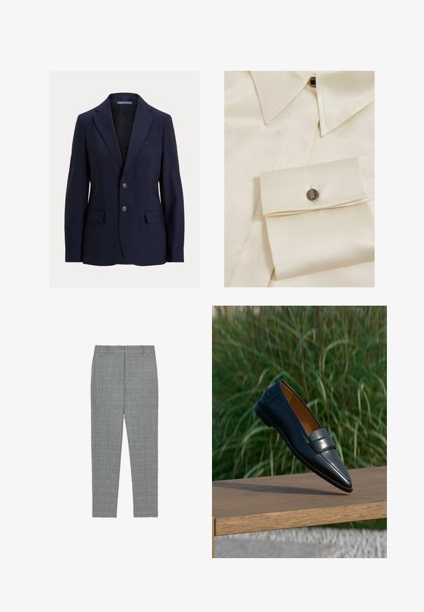 Navyblå herreblazer med notch-kraver, to knapper, lommer med klap og en brystlomme, mærket Polo af Ralph Lauren.; Cremefarvet satin skjorte med spids krave, knaplukning og en manchet med en sort knapdetalje. Glat tekstur og struktureret design.; Grå bukser med ternet mønster, slim fit, flad front og bæltestropper. Fremstillet af et glat stof med en fin tekstur.; Sort herres læderloafer med remdetalje balancerende på kanten af en træbænk mod en sløret grøn græs baggrund.