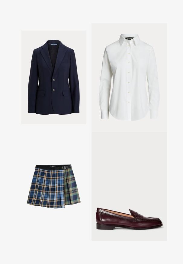 Tumesinine meeste bleiser sälgkraega, kahe nööbi, klapiga taskute ja rinnataskuga, bränd Polo by Ralph Lauren.; Valge pikkade varrukatega nööbitav särk klassikalise kraega ja nähtavate ees olevate nuppudega, esitatud lihtsal taustal.; Plisseeritud mini seelik kahes toonis ruudulis mustris sinise, oranži, rohelise ja tumepunasega, musta vöökoha ja klambrivööga.; Burgundi värvi nahast loaferid sileda viimistluse, ümmarguse nina, dekoratiivse õmblusega ja madala kannaäärtega. Interjööril on pehme beež vooder.