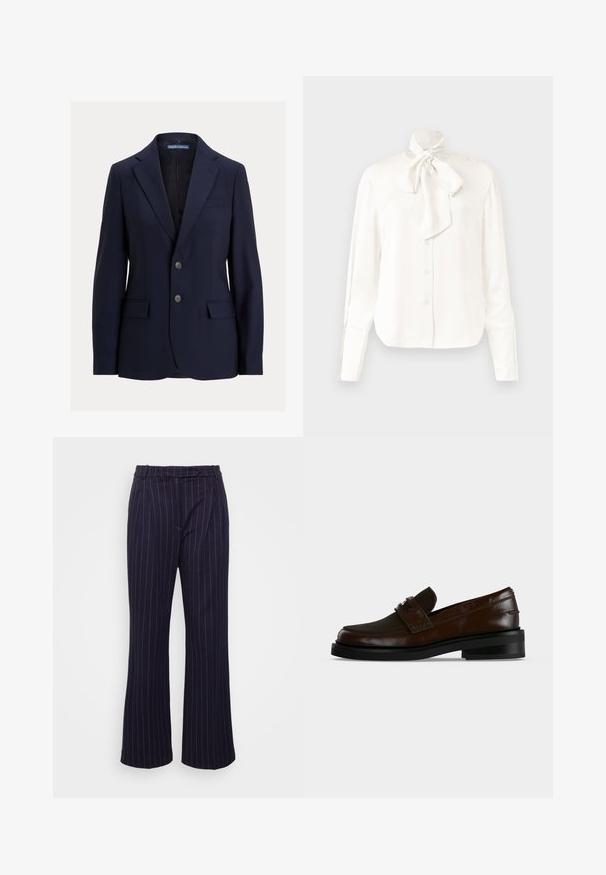 Tumesinine meeste bleiser sälgkraega, kahe nööbi, klapiga taskute ja rinnataskuga, bränd Polo by Ralph Lauren.; Valge pikakä sleeves blousee kerge kangaga, kõrge krae ja suure lipsu detailiga kaela juures, millel on nööbiga esiosa.; DESIGNERS REMIX ZOE PANTS - Püksid - navy/white; Tumepruun nahast loafer musta tallaga ja madala kontsaga, millel on õmmeldud rihm metallist detailiga üleval.