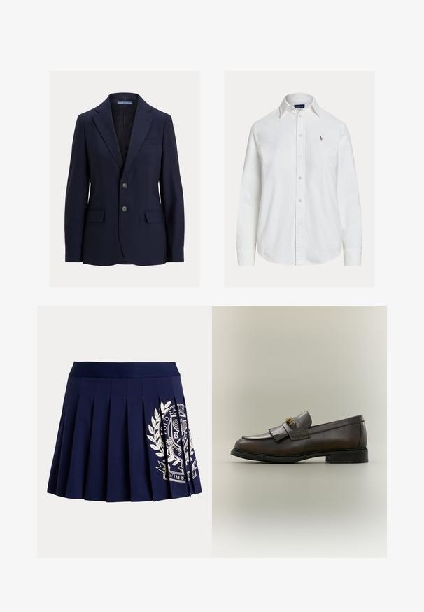 Tmavomodré pánske sako s výrezovými klopami, dvoma gombíkmi, vreckami s chlopňami a náprsným vreckom, značky Polo od Ralph Lauren.; Biela košeľa s dlhými rukávmi na gombíky, golierom a malým vyšívaným logom na ľavej strane hrude, zobrazená na jednoduchom pozadí.; Tmavomodrá plisovaná sukňa so širokým pásom a bielym tenisovým erbom na spodnej pravej strane.; Tmavohnedý kožený mokasín s detailom strapcov a zlatou prackou na čiernej podrážke, zobrazený z boku na neutrálnom pozadí.