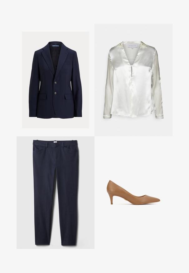 Tmavomodré pánske sako s výrezovými klopami, dvoma gombíkmi, vreckami s chlopňami a náprsným vreckom, značky Polo od Ralph Lauren.; STUDIO ID ALYSSA - Blúzka - champagne; Tmavomodré nohavice z mäkkej tkaniny, s hladkým povrchom, rovnými nohavicami, dvoma vreckami vpredu a pútkami na opasok.; Hnedá kožená lodička na vysokom opätku s špičatou špičkou a nízkym opätkom. Má hladkú textúru a jemný zlatý akcent na boku.