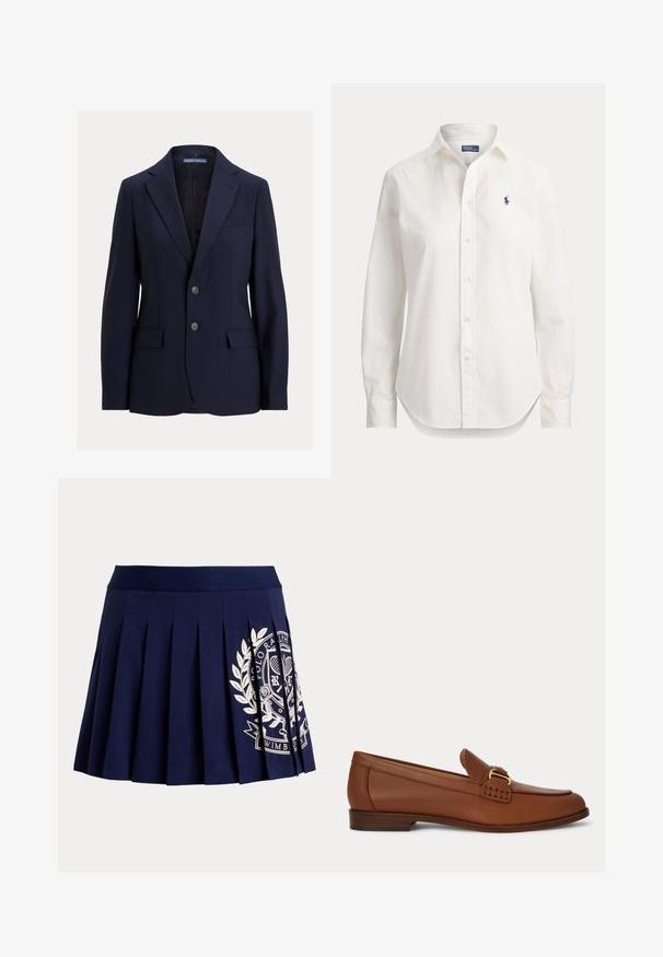 Tumesinine meeste bleiser sälgkraega, kahe nööbi, klapiga taskute ja rinnataskuga, bränd Polo by Ralph Lauren.; Valge pika varrukaga nööbitav triiksärk, krae ja väikese sinise polomängija logoga vasakul rinnal.; Tumesinine voltidega seelik laia vöökohaga ja valge tenniseteemalise vapilogo paremal allosas.; Pruun nahast loafer kuldse pandla detaili ja madala puidust kontsaga, näidatud küljelt ühtlasel taustal.