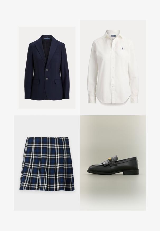 Tmavomodré pánske sako s výrezovými klopami, dvoma gombíkmi, vreckami s chlopňami a náprsným vreckom, značky Polo od Ralph Lauren.; Biela košeľa s dlhými rukávmi na gombíky, s golierom a malým modrým logom hráča póla na ľavej strane hrudníka.; Károvaná mini sukňa v námorníckej modrej, čiernej a bielej farbe. Obsahuje sklady a hladkú textúru. Bočné zapínanie na zips.; Čierny kožený loafer s detailom strapcov a zlatým emblémom na neutrálnej pozadí, z bočného pohľadu.
