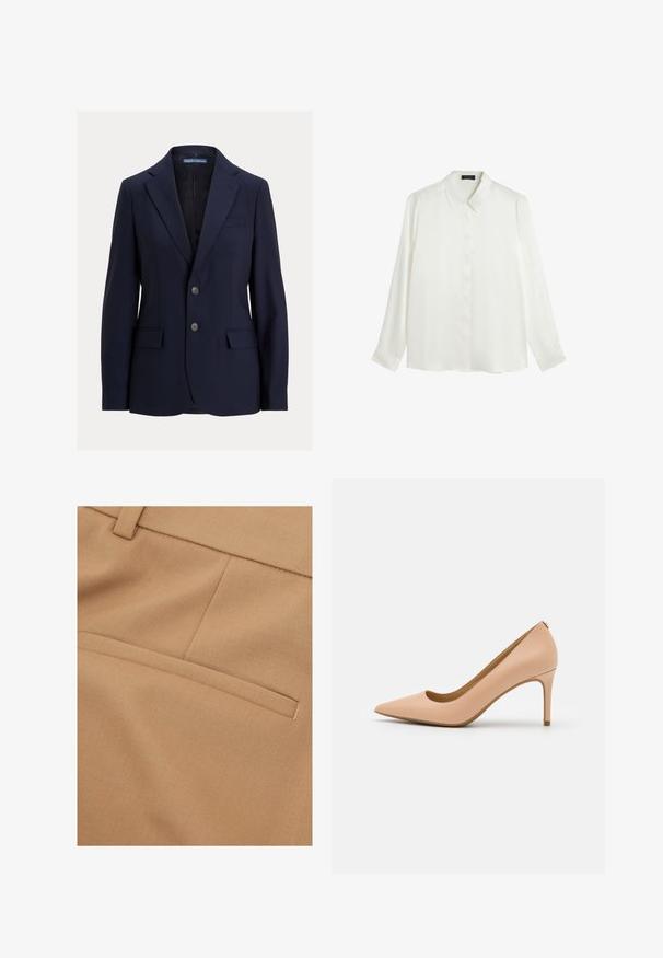 Marineblauwe herenblazer met inkepingskraag, twee knopen, klepzakken en een borstpaspelzak, gelabeld Polo van Ralph Lauren.; Witte blouse met lange mouwen van gladdig stof, met een klassieke kraag, sluiting met knopen aan de voorkant en knoopmanchetten. Eenvoudig, minimalistisch design.; Close-up van beige stof met een horizontale bieszak en gestikte naaddetail op maat gemaakte kleding.; Naakt leren hoge hakken met een puntige neus, gladde textuur en een slanke hak. Minimalistisch ontwerp met een lage vamp.