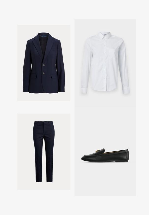 Marineblauwe herenblazer met inkepingskraag, twee knopen, klepzakken en een borstpaspelzak, gelabeld Polo van Ralph Lauren.; Witte longsleeve overhemd van katoen, met kraag, knoopsluiting aan de voorkant en een borstzak. Gladde textuur. Geen patronen.; Marineblauwe, op maat gemaakte broek met een slanke pasvorm, voorzien van een vlakke voorkant, zijzakken en een gladde textuur. Eenvoudig ontwerp zonder zichtbare patronen.; Zwarte leren loafer met een gouden metalen gesp bovenop, platte zool en een gestikt ontwerp langs de bovenrand.