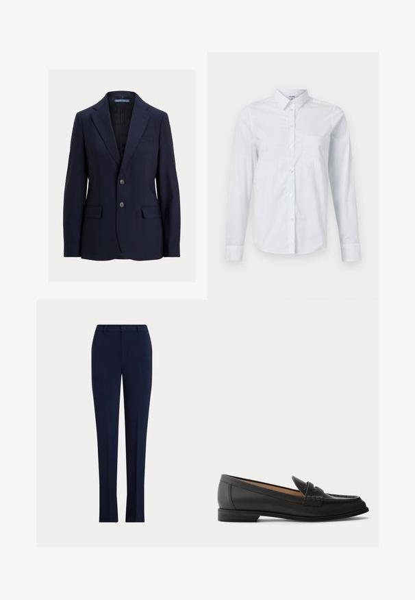 Tumesinine meeste bleiser sälgkraega, kahe nööbi, klapiga taskute ja rinnataskuga, bränd Polo by Ralph Lauren.; Valge pika varrukaga särk, valmistatud puuvillast, millel on krae, nööbitav eesmine osa ja üks rinnatasku. Sile tekstuur. Muster puudub.; Tumedat sinist sirgetäielised sirged püksid, millel on nööp ja vööaasad heledal taustal.; Mustad nahast naiste loafer-tüüpi kingad madala kontsa, ümarate varvaste ja pealmise osa õmmeldud detailidega, külje pealt ühevärvilise taustaga.