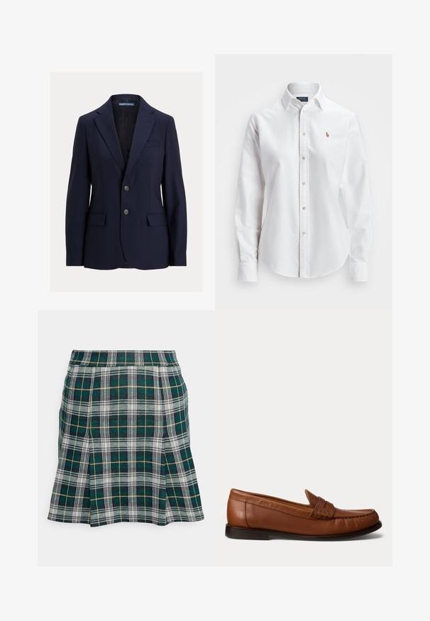Tmavomodré pánske sako s výrezovými klopami, dvoma gombíkmi, vreckami s chlopňami a náprsným vreckom, značky Polo od Ralph Lauren.; Biela košeľa s dlhými rukávmi a gombíkmi vyrobená z bavlny, s klasickým golierom a malým vyšitým logom na hrudi.; Hollister Co. PLEATED MINI SKIRT - Minisukňa - green; Hnedý kožený mokasín s nízkym čiernym opätkom, šitím moc toe a dekoratívnym pásikom na vrchu, zobrazený na bielom pozadí.