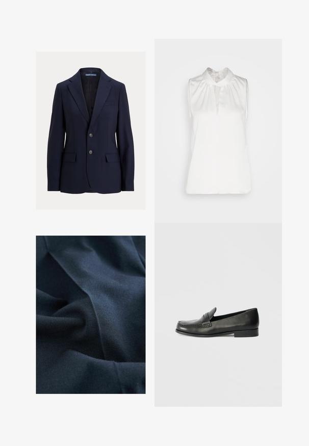Tumesinine meeste bleiser sälgkraega, kahe nööbi, klapiga taskute ja rinnataskuga, bränd Polo by Ralph Lauren.; Anna Field Topp - off-white; Tumedat sinine kangas, millel on sile, matt tekstuur, pehmete voldide ja kortsudega. Materjal näib kergena ja langeb kergelt.; Mustad musta nahast loafers, ümara varbaga, väljapaistvate õmblustähtedega ja madala virnastatud kontsaga. Sile tekstuur kerge läikega.