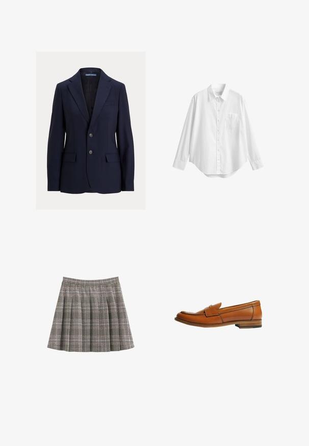 Navyblå herreblazer med notch-kraver, to knapper, lommer med klap og en brystlomme, mærket Polo af Ralph Lauren.; Hvid langærmet skjorte med knapper, krave og brystlomme, vist mod en ensfarvet hvid baggrund.; Plisseret nederdel i sort, hvid og grå med folder og en tilpasset linning. Ensartet tekstur med et klassisk tartanmønster over hele.; Brun læderloafer med flad hæl, rund tå og en dekorativ rem over vristen. Glat tekstur med kontrastsyningsdetalje.