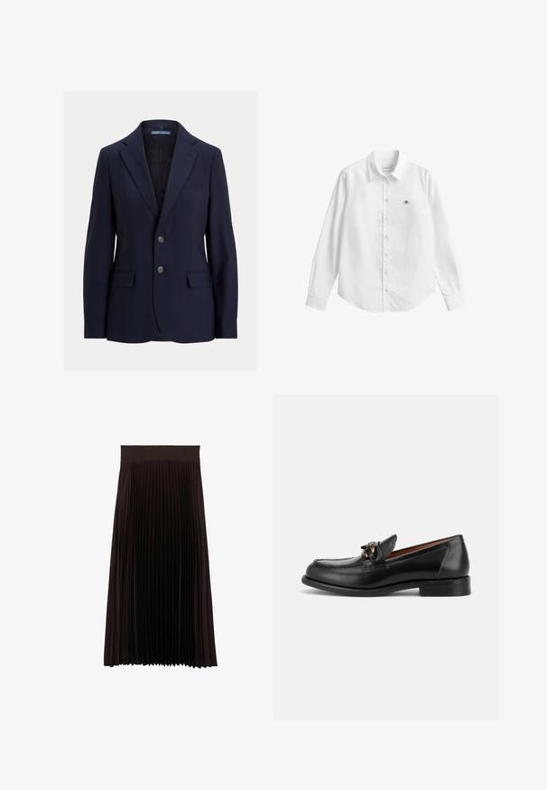 Tumesinine meeste bleiser sälgkraega, kahe nööbi, klapiga taskute ja rinnataskuga, bränd Polo by Ralph Lauren.; Valge pika varrukaga nööbitav särk, mis on valmistatud kergelt tekstureeritud kangast. Sellel on ees tasku väikese tikitud logoga ning klassikaline krae.; Mustast kangast keskpikk volditud seelik, millel on lai elastne vöökoht ning peened vertikaalsed voldid tekstuuri ja liikumise jaoks.; Mustast nahast loafer madala kontsa, ümar nina ja dekoratiivse metallist pandlaga ees.