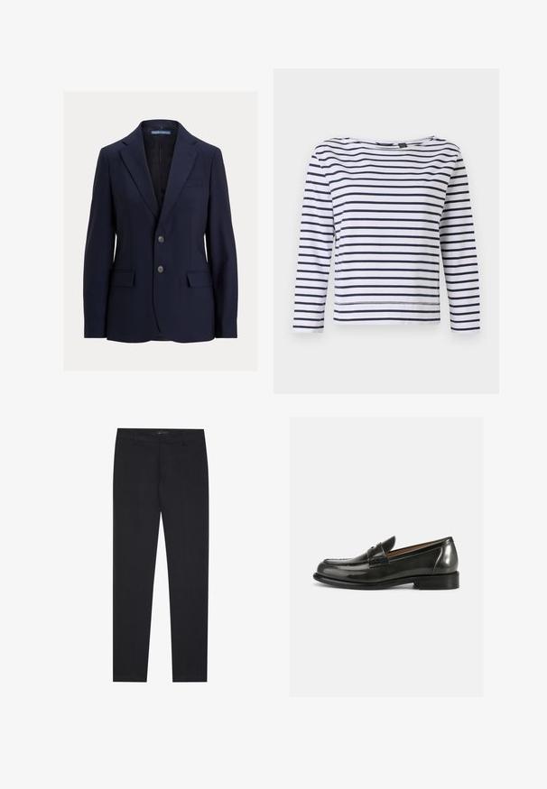 Tumesinine meeste bleiser sälgkraega, kahe nööbi, klapiga taskute ja rinnataskuga, bränd Polo by Ralph Lauren.; Triibuline pika varrukaga topp valge ja tumesinise värviga, millel on laevakaelus ja mugav lõige. Valmistatud pehmest puuvillasegust materjalist, millel on õmmeldud ääred.; Mustad slim-fit ametlikud püksid, millel on vööloop ja esi-taskud, loodud kohandatud ja professionaalse ilme saavutamiseks.; Mustast lakknahast loafers, millel on struktureeritud disain, ümar varvas ning ülesõmmeldud detailid, mis on varustatud madala virnastatud kontsaga.