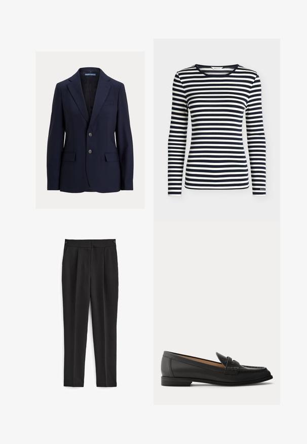 Marineblauwe herenblazer met inkepingskraag, twee knopen, klepzakken en een borstpaspelzak, gelabeld Polo van Ralph Lauren.; Oversized shirt met lange mouwen met marineblauwe en witte horizontale strepen en een ronde hals, met het merk GANT op de mouwboord.; Zwarte broek met een getailleerde pasvorm, voorzien van een platte voorkant, twee zijzakken en een strakke, naadloze uitstraling. Gemaakt van een gladde, ademende stof.; Zwarte leren damesslof met lage hak, afgeronde neus en gestikte details op het bovenwerk, van opzij getoond tegen een effen achtergrond.