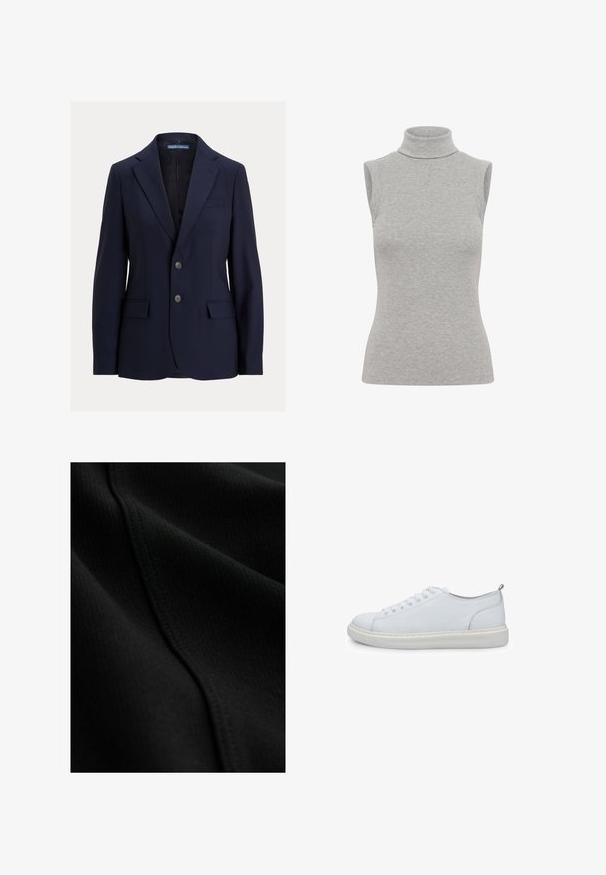 Tumesinine meeste bleiser sälgkraega, kahe nööbi, klapiga taskute ja rinnataskuga, bränd Polo by Ralph Lauren.; Varrukateta kõrge kaelusega top heledas hallis ribakanga materjalis. Omab keha külge hoidvat siluetti ja kõrget kraed. Sile tekstuur koos minimaalsete detailidega.; Mustast kangast, millel on sooniline tekstuur, peened õmblused ja sujuvalt langev voltimine. Õhuke ja kerge materjal.; Valge nahast toss, millel on ümar varvas, kuus õhku ja kontrastne valge kummitald. Omab peenet kanna takti ja õmmeldud aktsente.