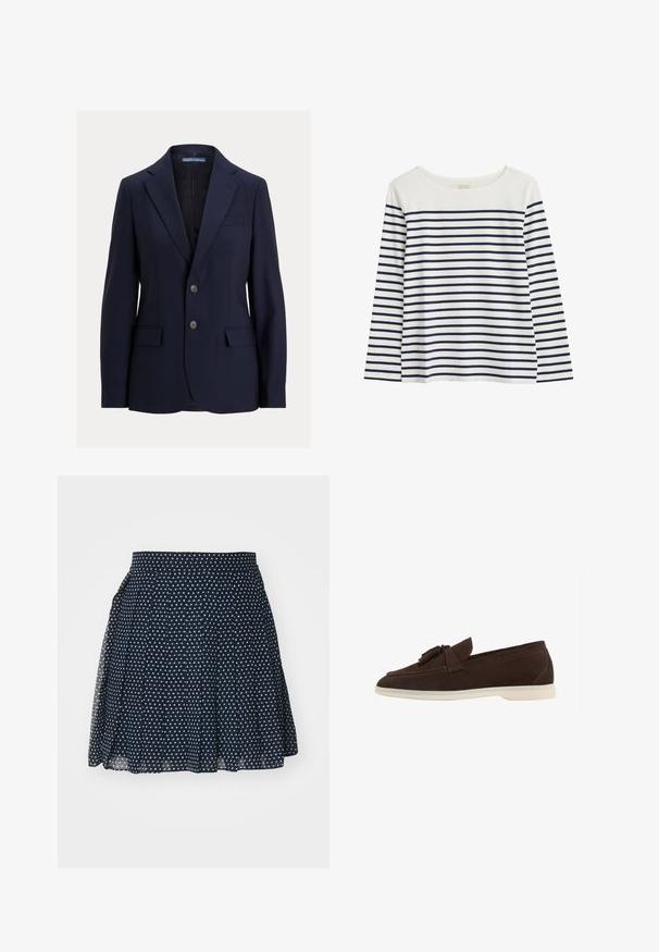 Navyblå herreblazer med notch-kraver, to knapper, lommer med klap og en brystlomme, mærket Polo af Ralph Lauren.; Langærmet bluse i økologisk bomuld med hvid baggrund og marineblå vandrette striber. Rund halsudskæring, afslappet pasform, ingen synlige detaljer.; Marine nederdel med små hvide stjerner, plisseret design, høj talje og let stof der giver fri bevægelighed.; Scarosso LEANDRA - Loafers - dark brown suede