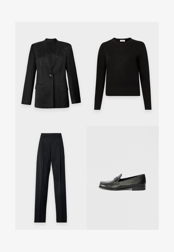 Schwarzer Blazer mit einem einzelnen Knopfverschluss, Reverskragen und zwei vorderen Taschen. Aus glattem Stoff mit strukturierter Silhouette gefertigt.; Schwarzer Langarm-Pullover mit Rundhalsausschnitt, aus weichem Strickstoff gefertigt, mit geripptem Saum und Bündchen für eine taillierte Passform.; Schwarze Hosen aus glattem Stoff mit hoher Taille, weitem Bein, vorderen Falten und klassischen Gürtelschlaufen. Keine sichtbaren Seitentaschen.; Schwarze Leder-Slipper mit abgerundeter Spitze, erhöhten Nähdetails und einem niedrigen, gestapelten Absatz. Glatte Textur mit einem dezenten Glanz.