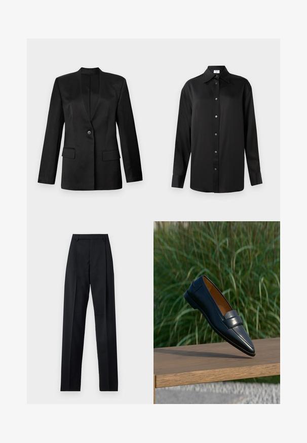 Blazer negro con cierre de un solo botón, solapas con muesca y dos bolsillos frontales. Hecho de una tela suave con una silueta estructurada.; Camisa negra de manga larga hecha de tejido suave. Presenta un cuello puntiagudo, una botonadura completa y puños abotonados.; Pantalones negros de tela suave con cintura alta, piernas amplias, pliegues frontales y lazos de cinturón clásicos. No hay bolsillos laterales visibles.; Mocasín de cuero negro para hombre con detalle de correa equilibrándose en el borde de un banco de madera sobre un fondo difuminado de césped verde.