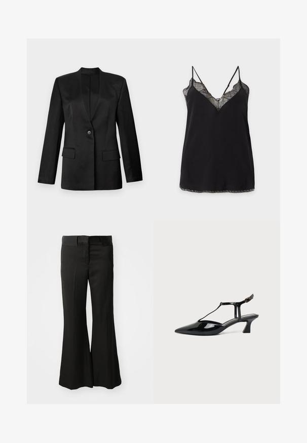 Schwarzer Blazer mit einem einzelnen Knopfverschluss, Reverskragen und zwei vorderen Taschen. Aus glattem Stoff mit strukturierter Silhouette gefertigt.; Schwarzes Camisole mit Spitzenbesatz am Ausschnitt und Saum, mit dünnen verstellbaren Trägern und einem transparenten Spitzen-Oberteil.; Schwarze, aus einem glatten Material gefertigte Schlaghosen mit einer mittelhohen Taille und einem sauberen, maßgeschneiderten Design ohne sichtbare Verzierungen.; Schwarzer Slipper aus Lackleder mit spitz zulaufender Kappe, T-Riemen und niedrigem, schrägem Blockabsatz vor weißem Hintergrund.