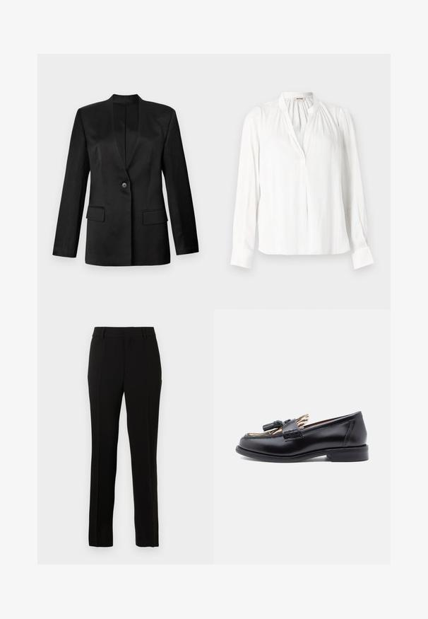 Zwarte blazer met een enkele knoopsluiting, gekartelde revers en twee voorzakken. Gemaakt van gladde stof met een gestructureerde silhoutte.; Witte blouse met lange mouwen, een opstaande kraag, geplooide plooien bij de halslijn en een verborgen knoopsluiting aan de voorkant.; Zwarte op maat gemaakte pantalon van een gladde stof, met een rechte snit, plooien, riemlussen en een rits om te sluiten.; Zwarte leren loafers met een ronde neus, voorzien van een geweven kwastaccent en een contrasterende dierenprintvoering. Lage, rechte hak.