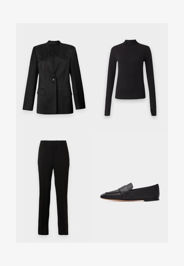 Schwarzer Blazer mit einem einzelnen Knopfverschluss, Reverskragen und zwei vorderen Taschen. Aus glattem Stoff mit strukturierter Silhouette gefertigt.; Schwarzes langärmliges, eng anliegendes Oberteil mit Stehkragen, dargestellt auf schlichtem hellgrauem Hintergrund.; Schwarze maßgeschneiderte Hose aus glattem Stoff, mit geradem Schnitt, Bügelfalten, Gürtelschlaufen und einem Reißverschluss zum Schließen.; Schwarzer flacher Lederloafer mit spitzer Zehe, breitem Riemen über dem Vorderfuß und hellbrauter Sohle, im Profil auf weißem Hintergrund gezeigt.