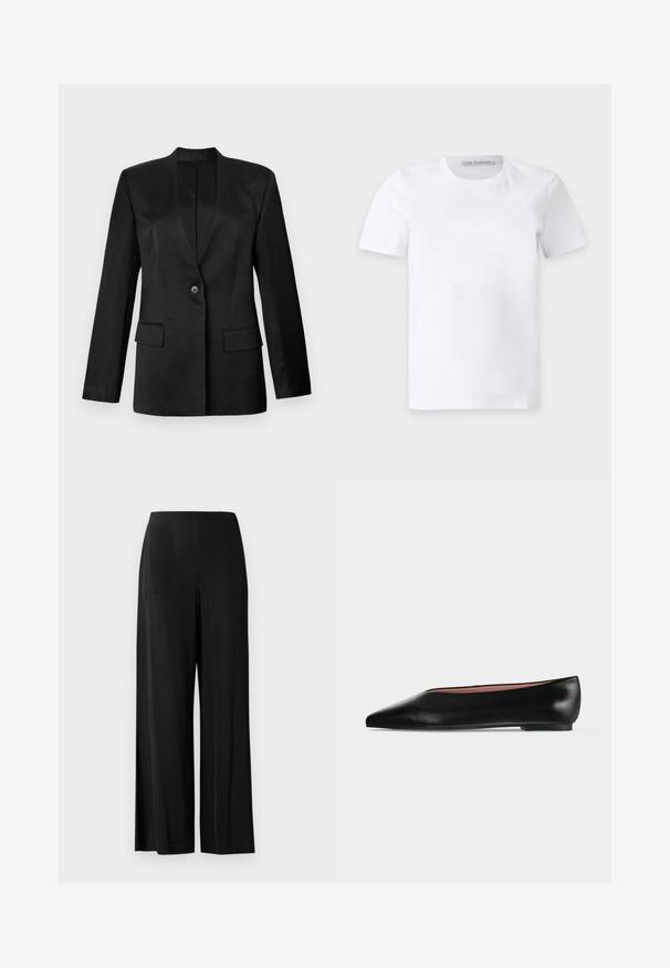 Sort blazer med enkelt knaplukning, v-snit krave og to frontlommere. Lavet af glat stof med en struktureret silhuet.; Enkelt hvid t-shirt med korte ærmer og rund hals med et lille mærke inden i kraven med teksten "Tiger of Sweden."; Sorte, brede bukser lavet af glat stof, med en høj talje og uden synlige lommer eller hardware. Gulvlængde design.; Sort damesko i læder med flad hæl og spids tå, vist fra siden på en ensfarvet lys grå baggrund.